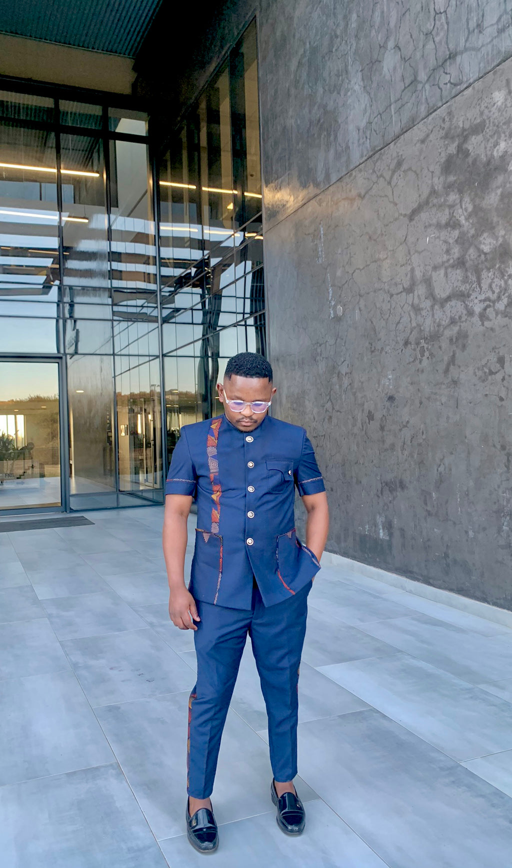 Dark navy blue man safari suit
