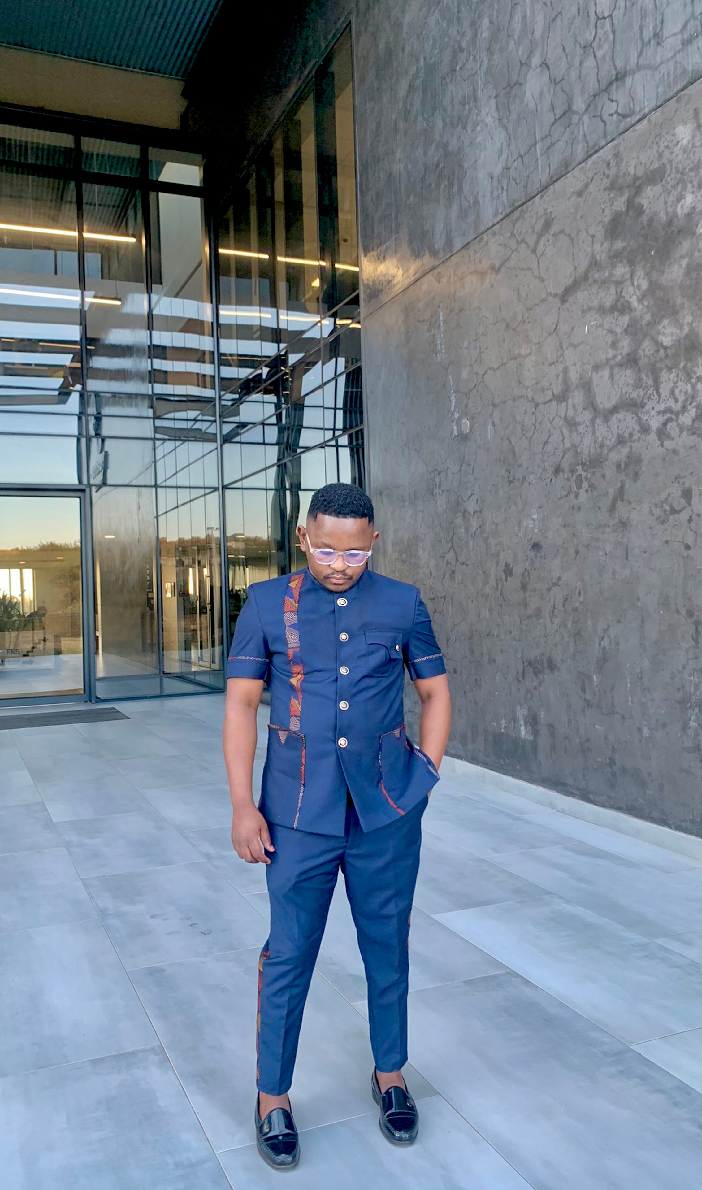 Dark navy blue man safari suit